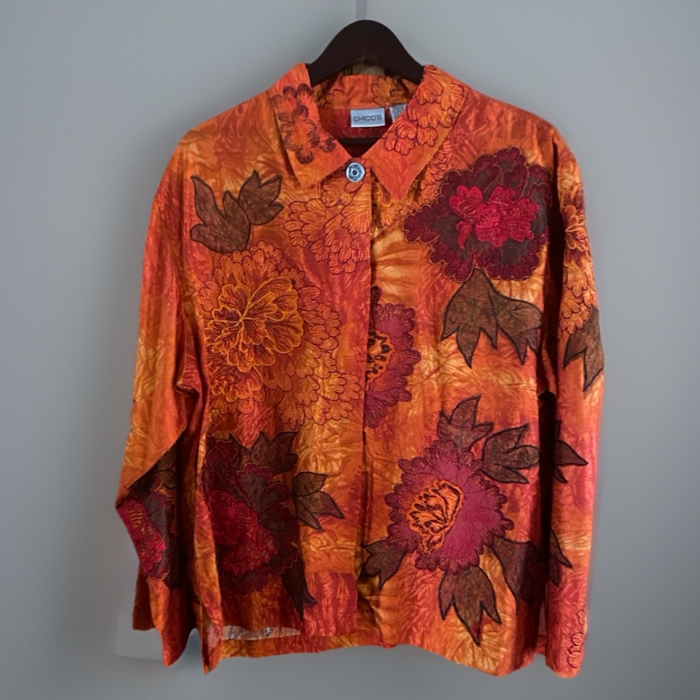 Chico Citrus So Easy Silk Organza Floral Embroidered Jacket 3XL Orange Red NWT.